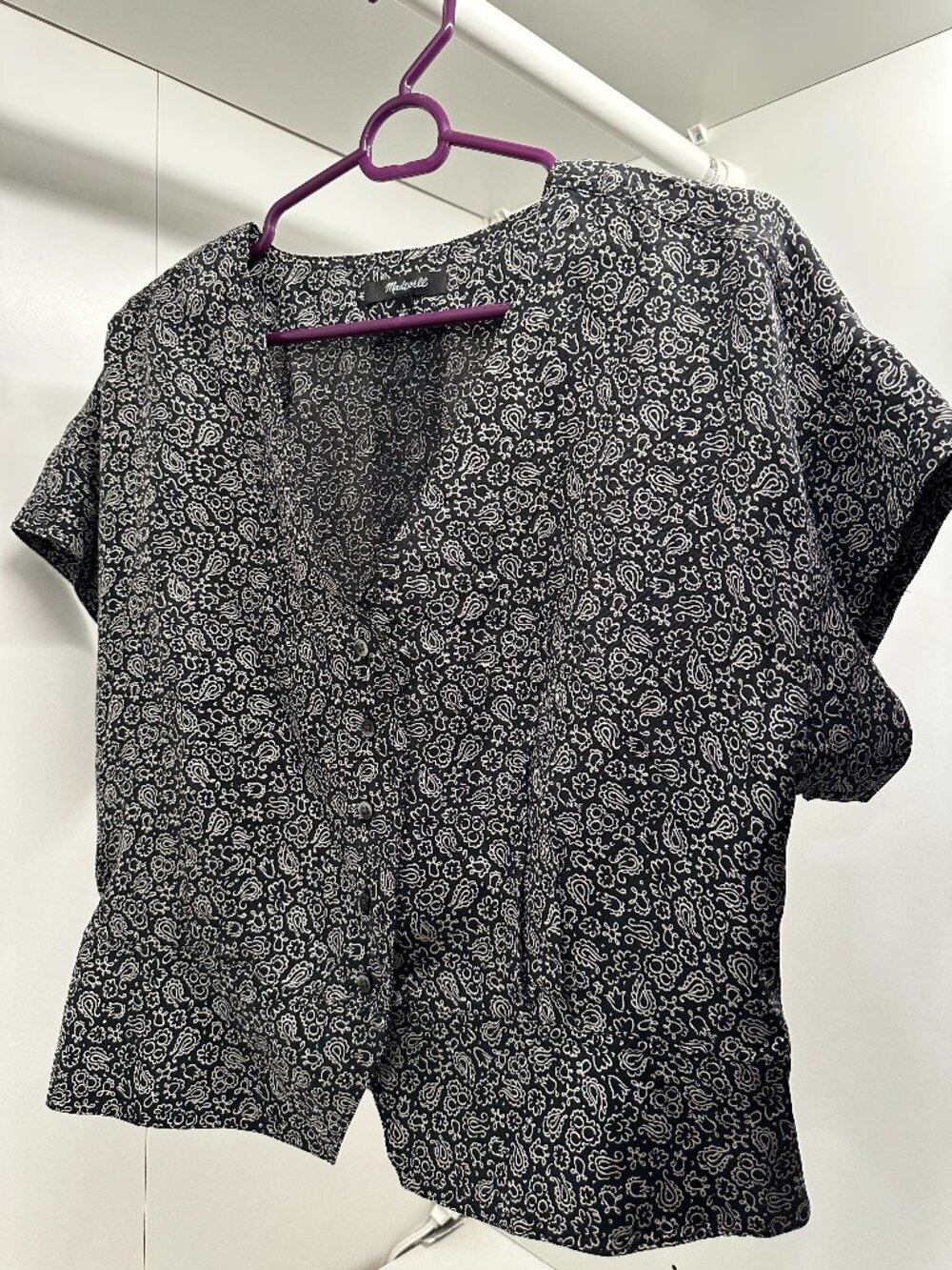 Madewell Black White Bandana Paisley Button Front Short Sleeve Blouse Top - L